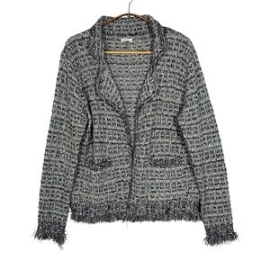 Sioni Women’s Cardigan Sweater Open Front Grey Tweed Frayed Size M